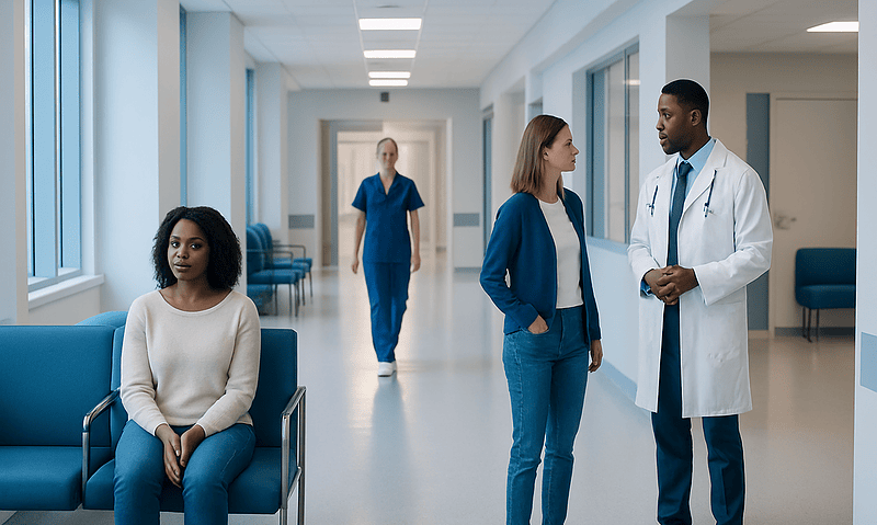 Diverse medical team consulting in hospital corridor.