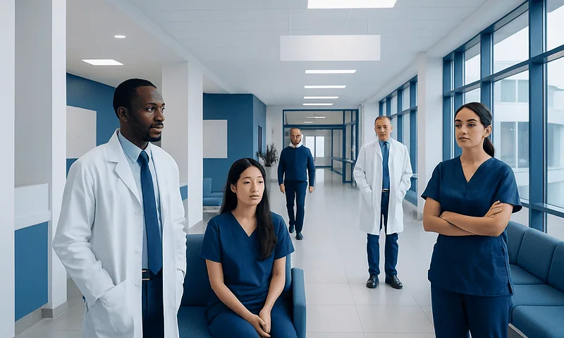 Medical team in hospital corridor with large windows and modern design.