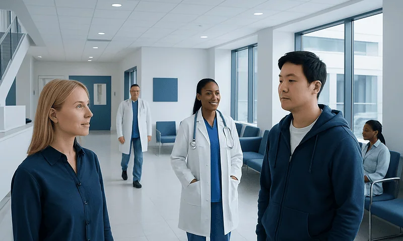 Diverse group of medical professionals in hospital corridor.