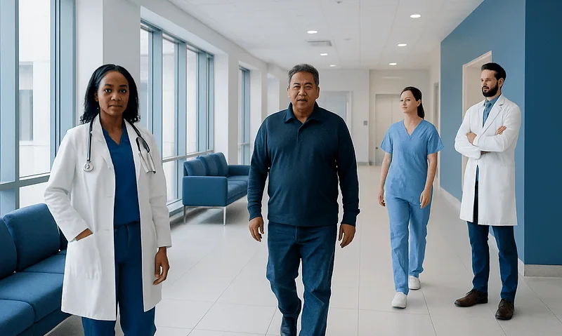Medical team walking in hospital corridor at Acibadem Hospitals Group.