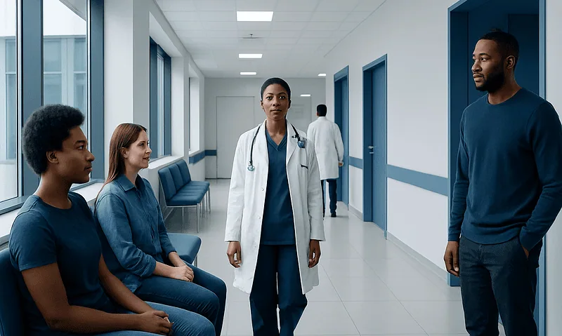 Medical consultation in hospital corridor with diverse patients and doctor.