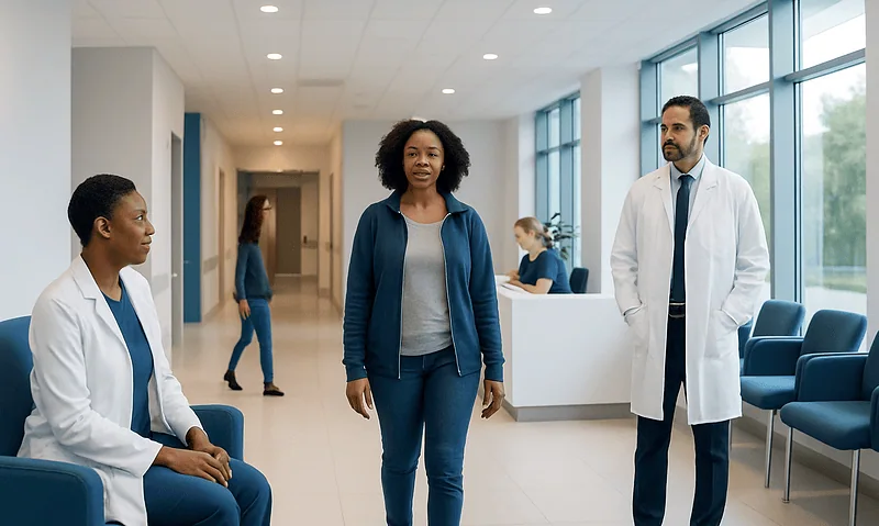 Diverse group of patients and doctors in a modern hospital waiting area.