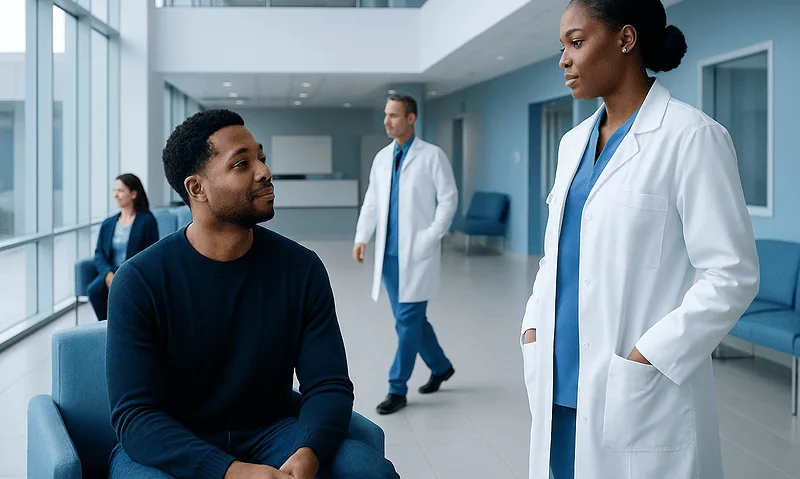 Medical consultation with a doctor and patient in a modern hospital setting.