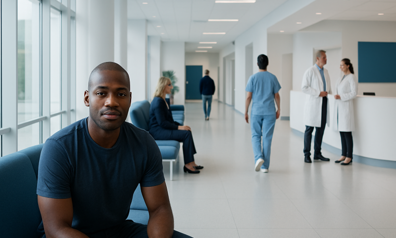 Young Black man waiting in a hospital corridor with medical staff nearby.