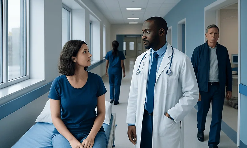 Doctor consulting a patient in a hospital corridor.