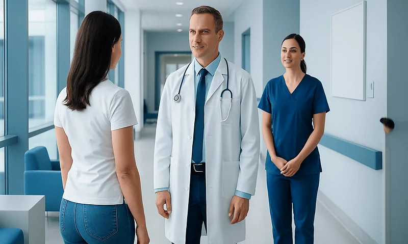 Medical consultation at Acibadem Hospital with doctor and nurses.