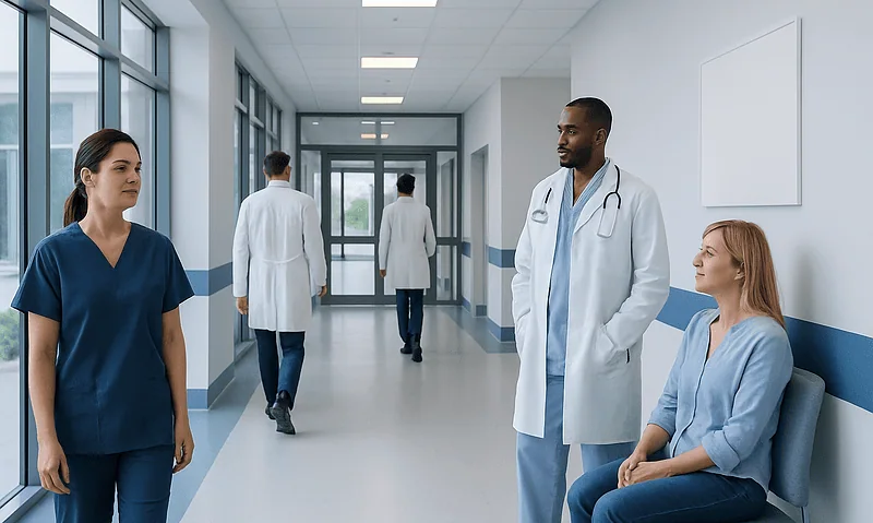 Medical team discussing patient care in hospital corridor.