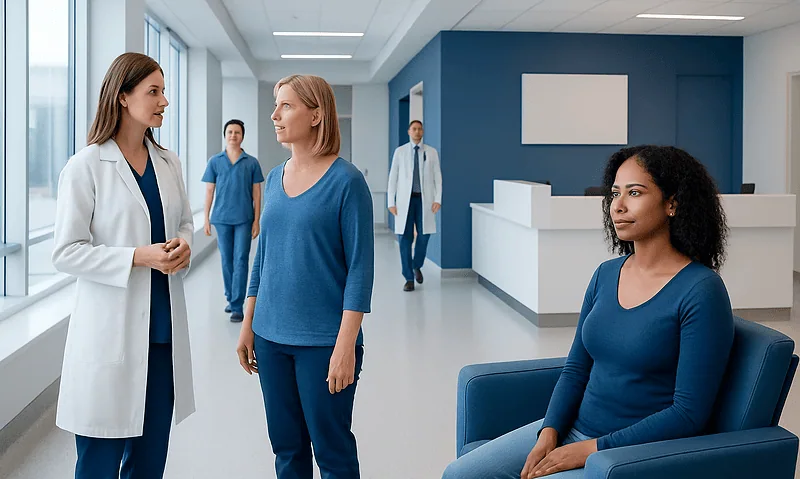 Medical consultation in a modern hospital with healthcare professionals and patient.