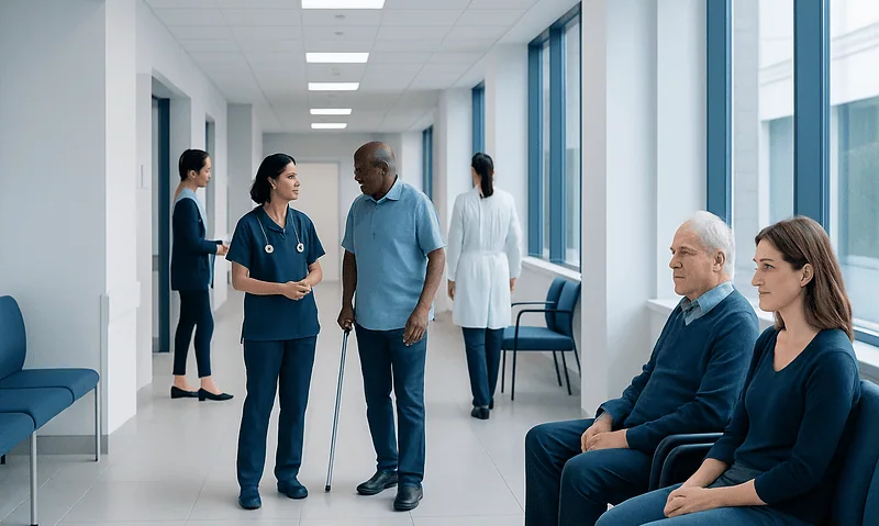 Hospital corridor with medical staff and patients, healthcare environment.