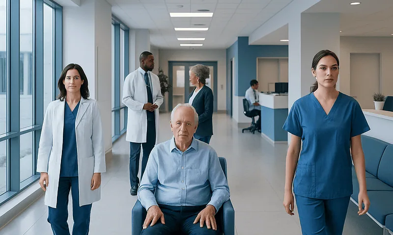 Hospital corridor with medical staff and a patient in a wheelchair.