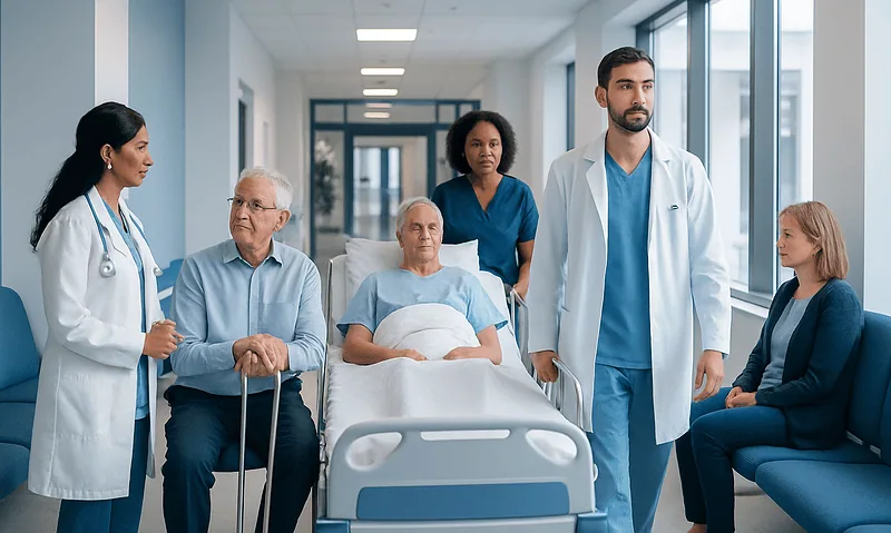 Medical team consulting with elderly patient in hospital corridor.