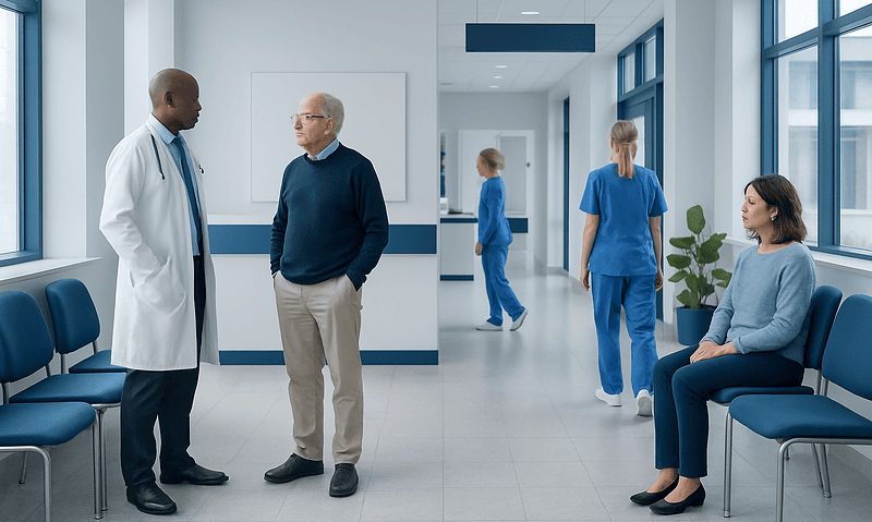 Doctor consulting with an elderly patient in a hospital corridor.