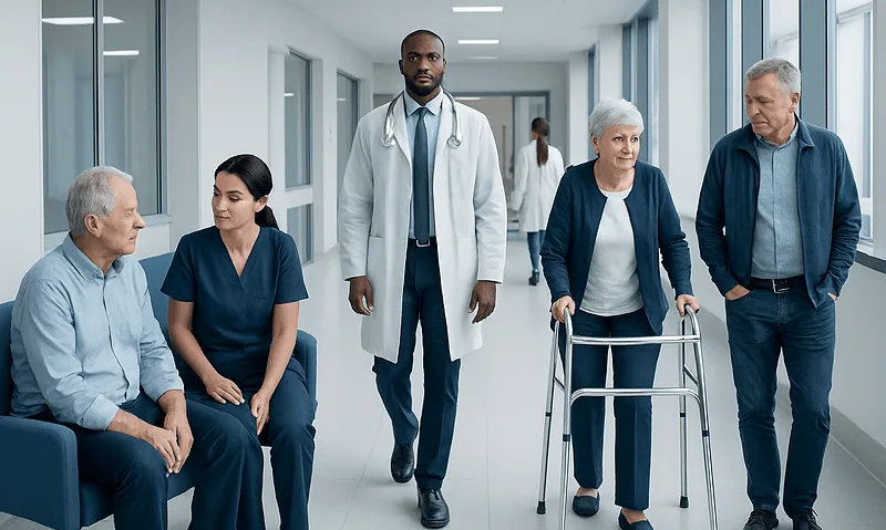 Healthcare professionals and elderly patients in a hospital corridor.