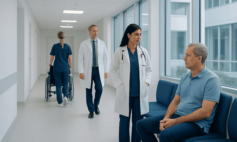 Medical team consulting patient in hospital corridor with large windows.