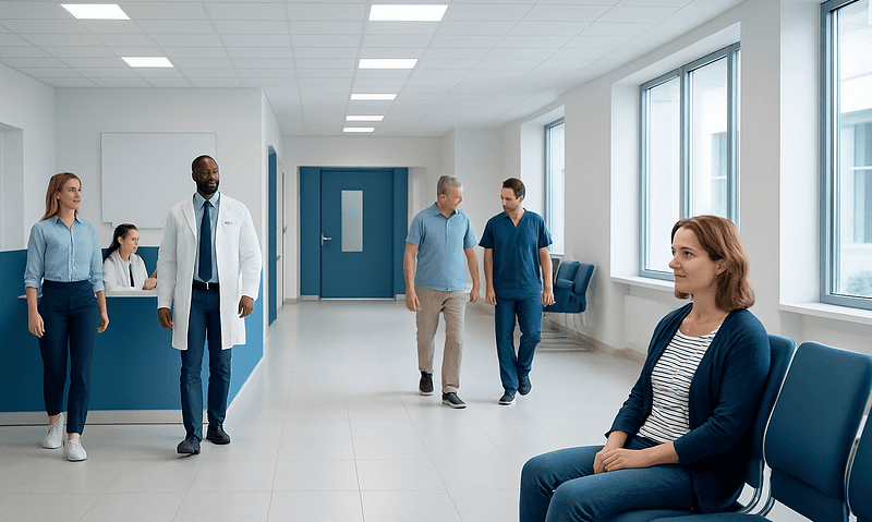 Medical professionals and patients in a modern hospital corridor.