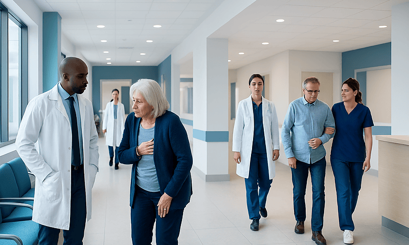 Medical staff and patient in hospital corridor, healthcare setting.