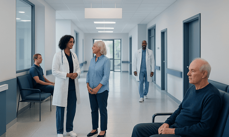 Hospital corridor with medical staff and patients, healthcare setting.
