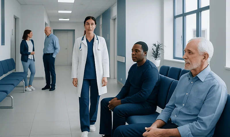 Medical staff and patients in a hospital corridor at Acibadem Hospitals Group.