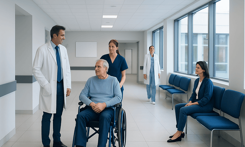 Medical team consulting with a patient in a hospital corridor.