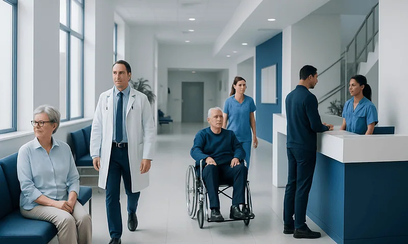 Hospital corridor with patients and medical staff, modern healthcare setting.