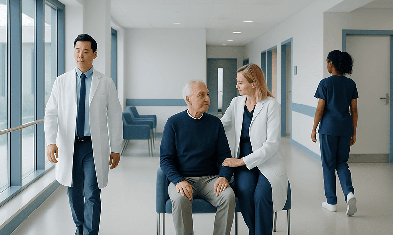 Medical team consulting with elderly patient in hospital corridor.
