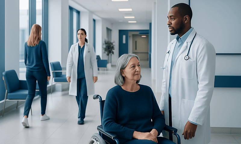 Doctor consulting elderly woman in hospital corridor with staff in background.