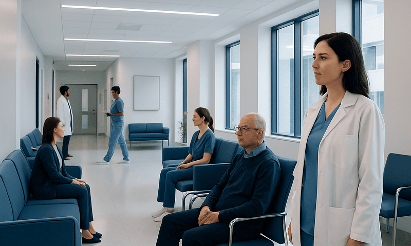Medical consultation in a hospital corridor with patients and healthcare professionals.