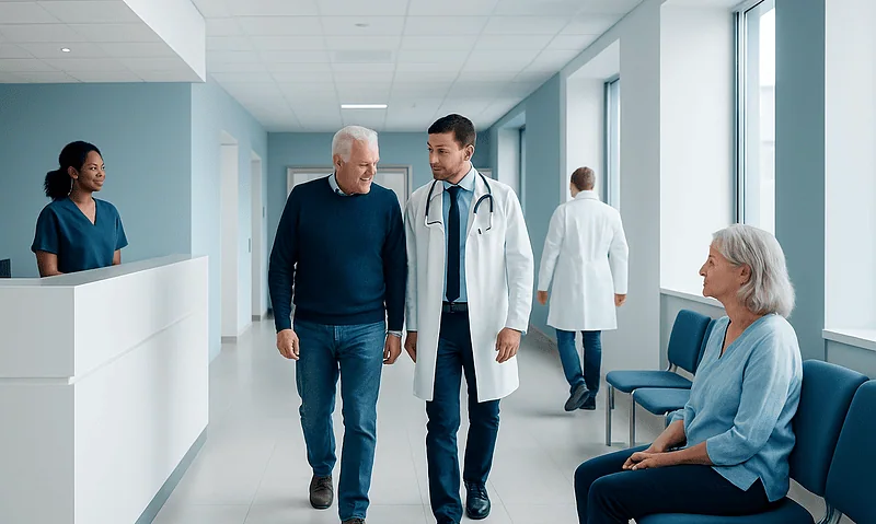 Doctor consulting with elderly patient in hospital corridor.