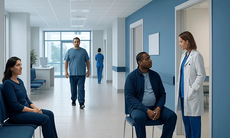Patients waiting in a hospital corridor for medical consultation.