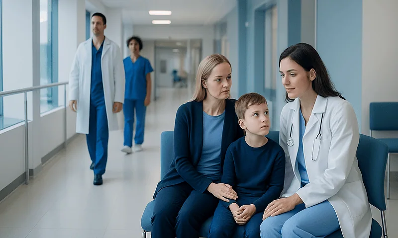 Pediatric epilepsy consultation in hospital corridor with doctor and mother.