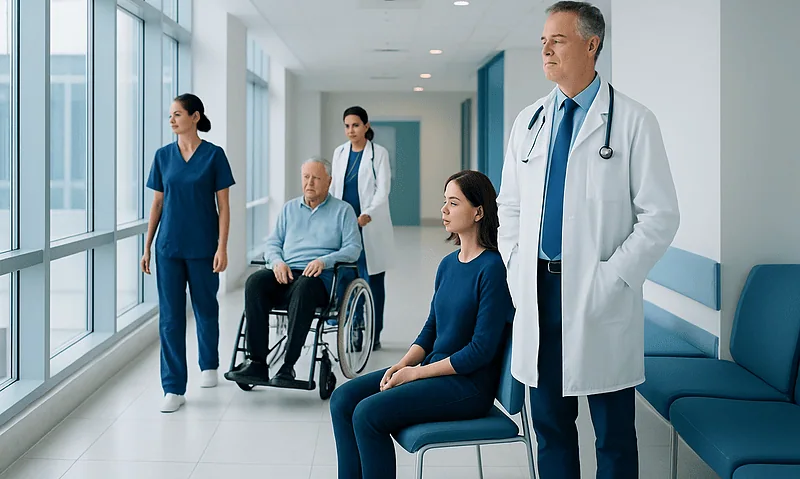 Medical team with patient in hospital corridor at Acibadem Hospitals Group.