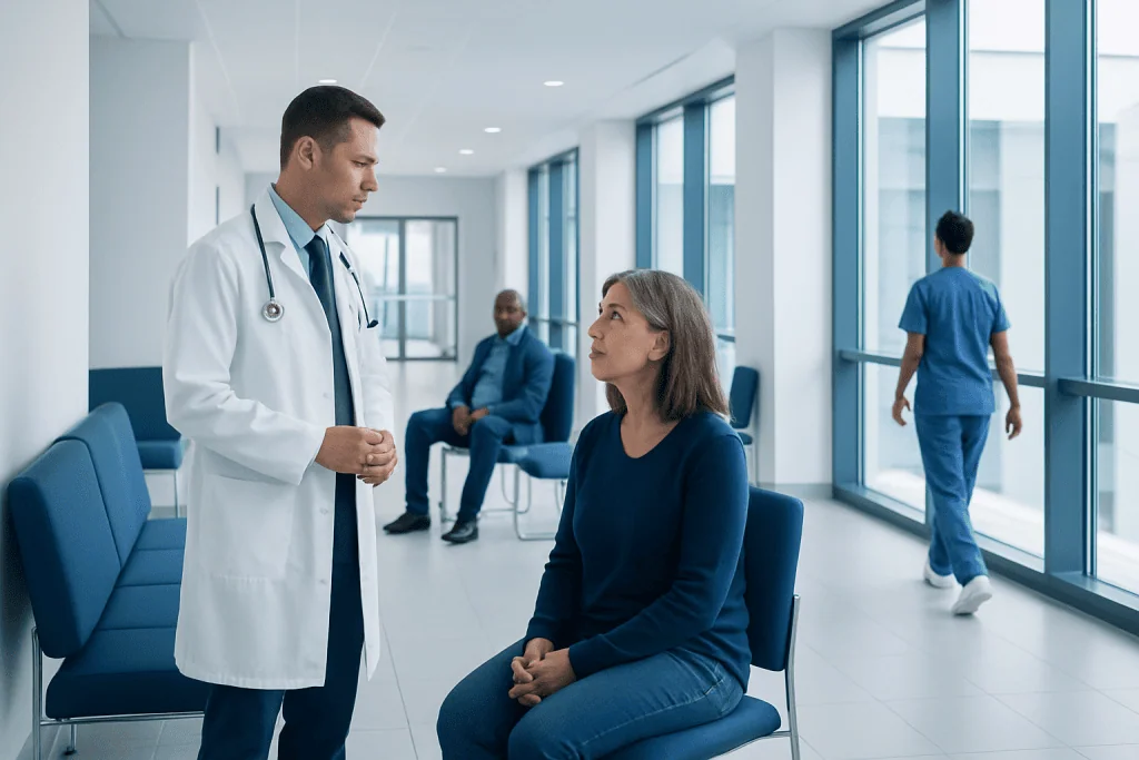 Second Opinion for Brain Aneurysm: When Treatment Plans Need Review 1 Doctor consulting a female patient in a modern hospital corridor.