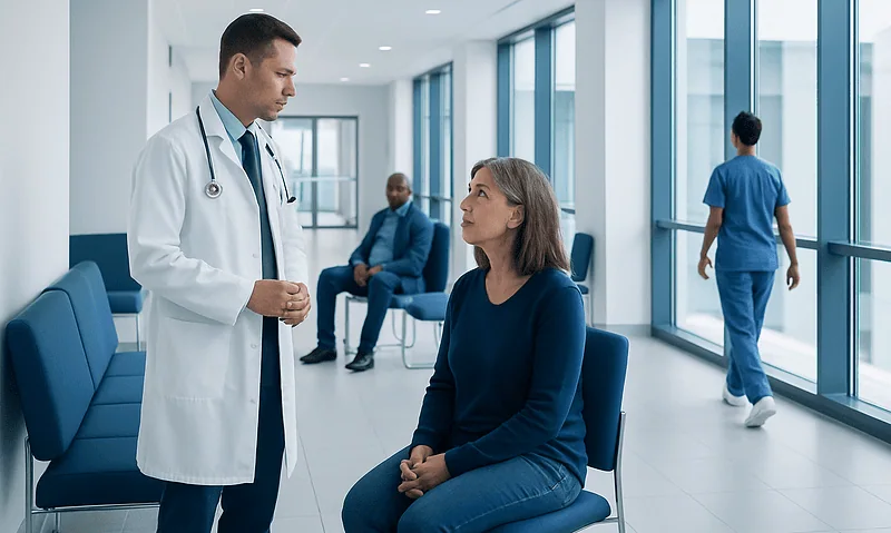 Doctor consulting a female patient in a modern hospital corridor.