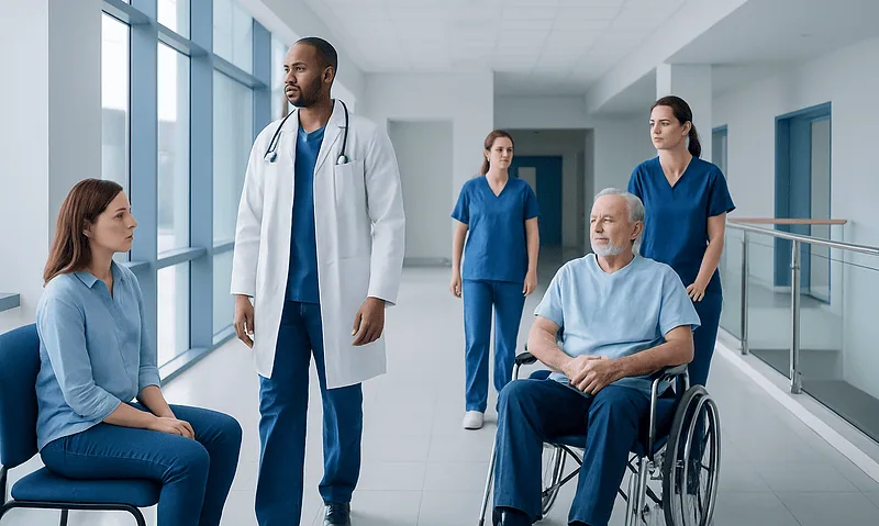 Medical team consulting with patient in hospital corridor.