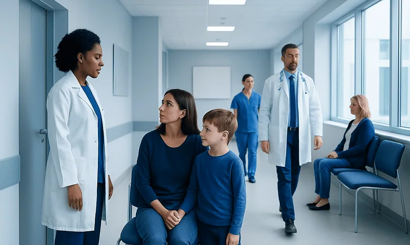 Pediatric epilepsy consultation in a hospital corridor with doctors and children.