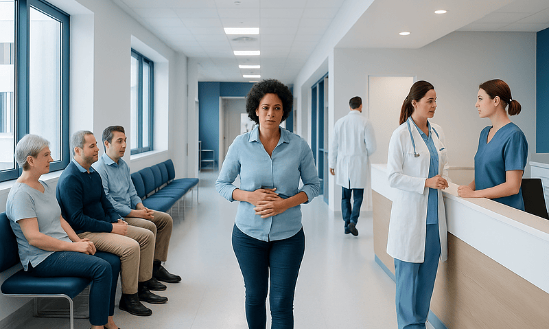 Diverse group of patients waiting in a hospital corridor with medical staff nearby.
