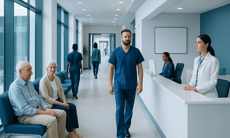 Healthcare professionals and patients in a modern hospital corridor.