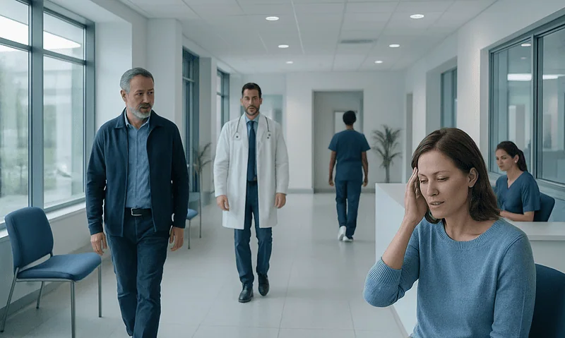 Patient experiencing vertigo in a hospital corridor with medical staff nearby.