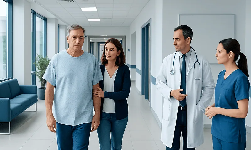 Patient with medical staff in hospital corridor.