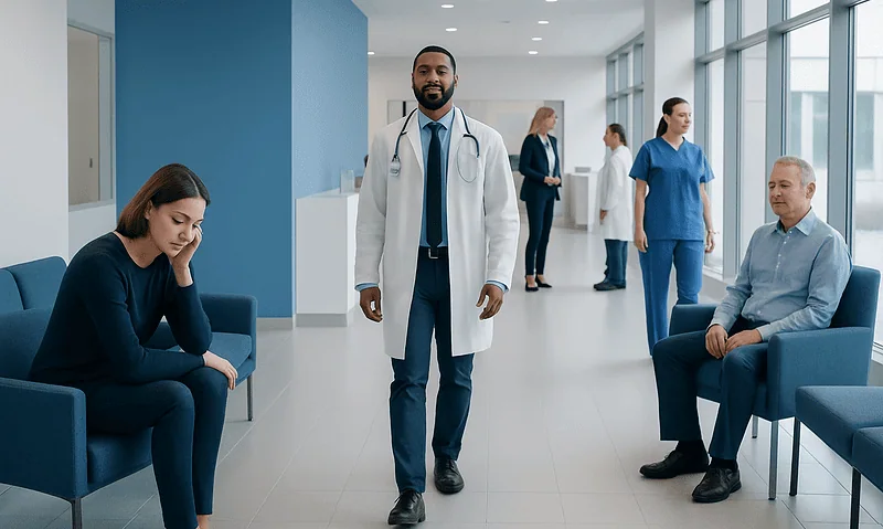 Medical consultation in a modern hospital corridor with patients and doctors.