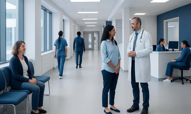Medical professionals and patients in a modern hospital corridor.
