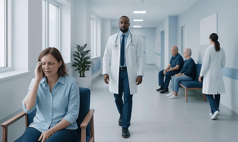 Patient experiencing headache in hospital waiting area with medical staff nearby.