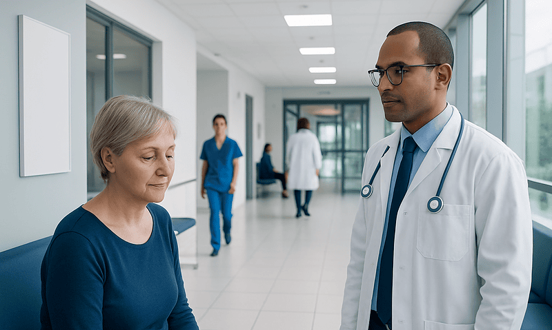 Doctor consulting an elderly woman in hospital corridor.