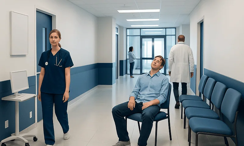 Patient waiting in hospital corridor with medical staff nearby.