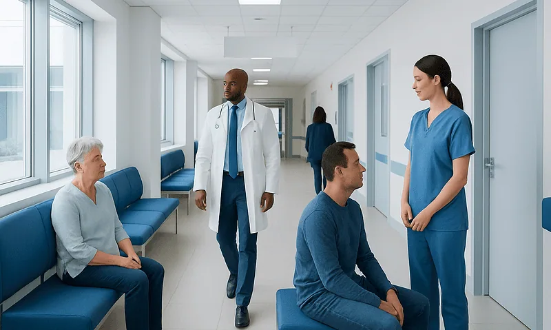 Medical consultation in hospital corridor with patients and healthcare professionals.