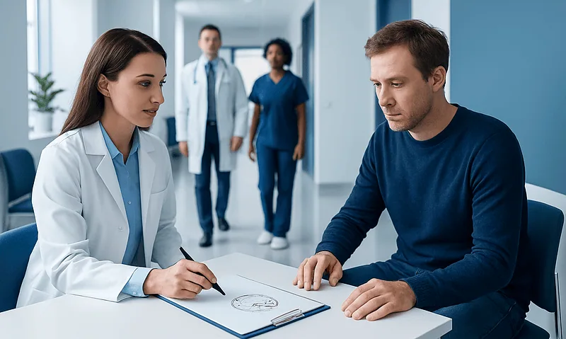 Doctor discussing brain health with patient in a hospital setting.