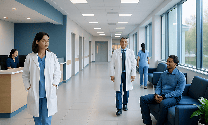Medical team in hospital corridor with patient waiting area.