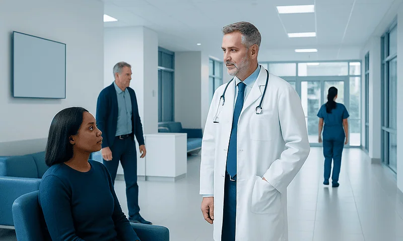 Doctor consulting a patient in a modern hospital corridor.