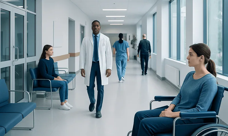 Hospital corridor with patients and a doctor in a medical facility.