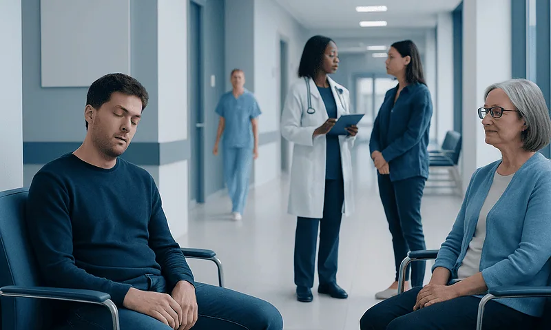 Patient experiencing daytime sleepiness in hospital corridor with medical staff nearby.